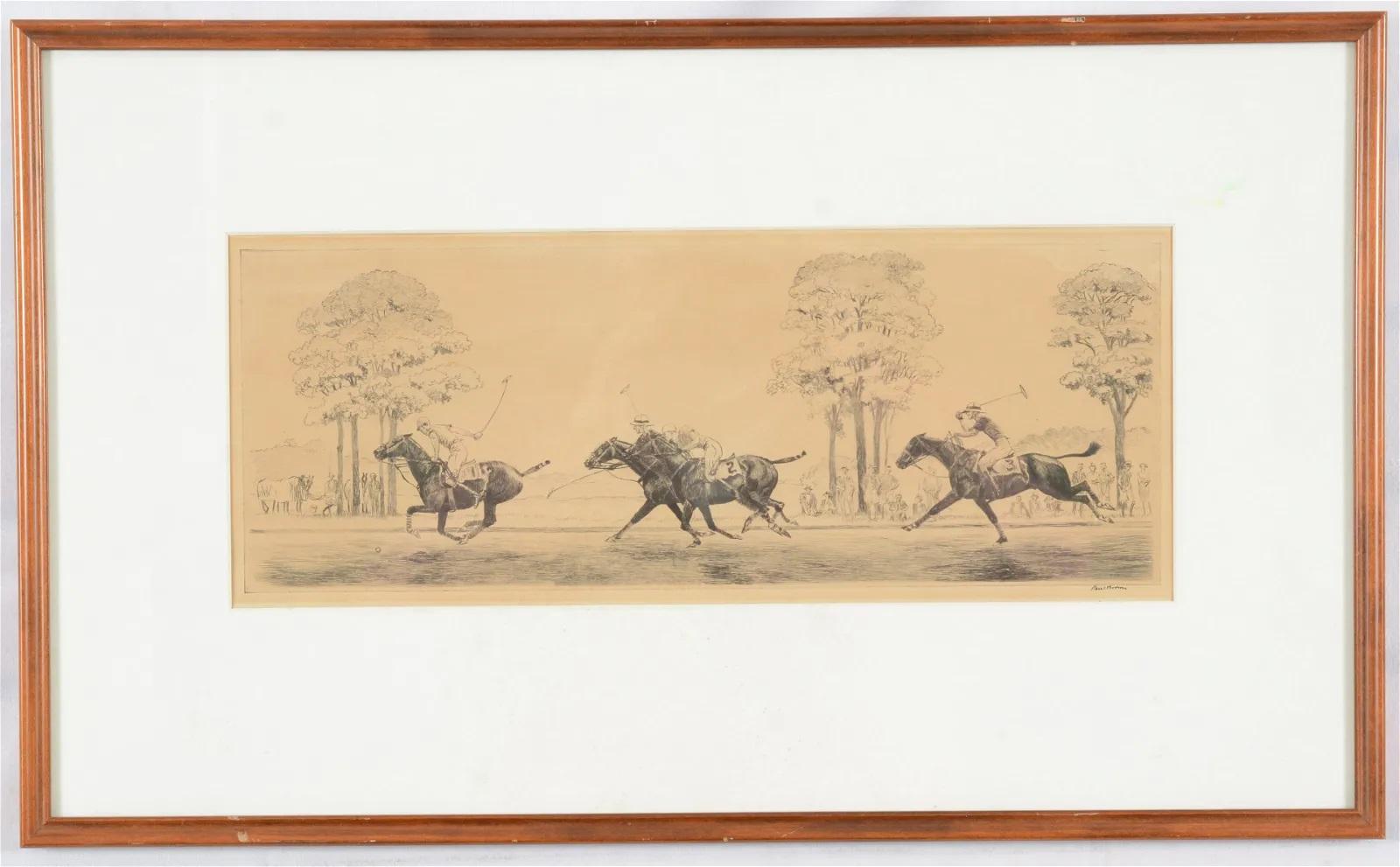Paul Desmond Brown Abstract Drawing - "Paul Brown 4 Polo Players Charging Down The Field Drypoint Etching"