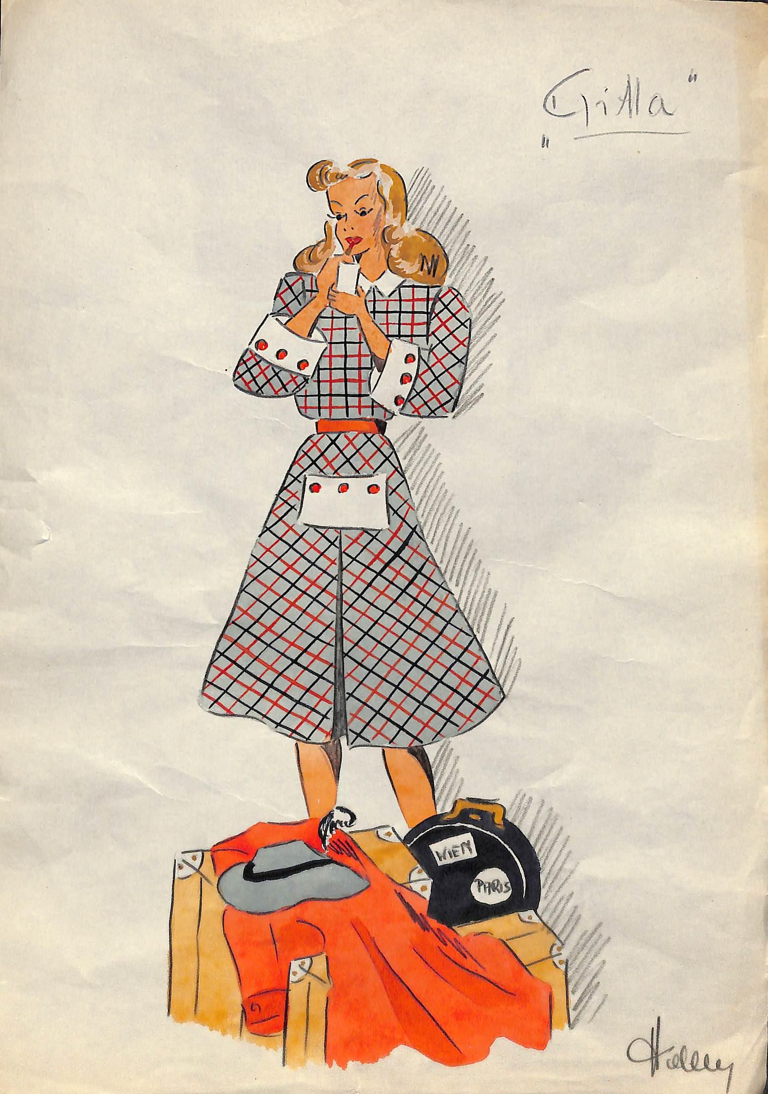 "Lady Traveller Original c1940s Fashion Watercolor Illustration" - Art by Unknown