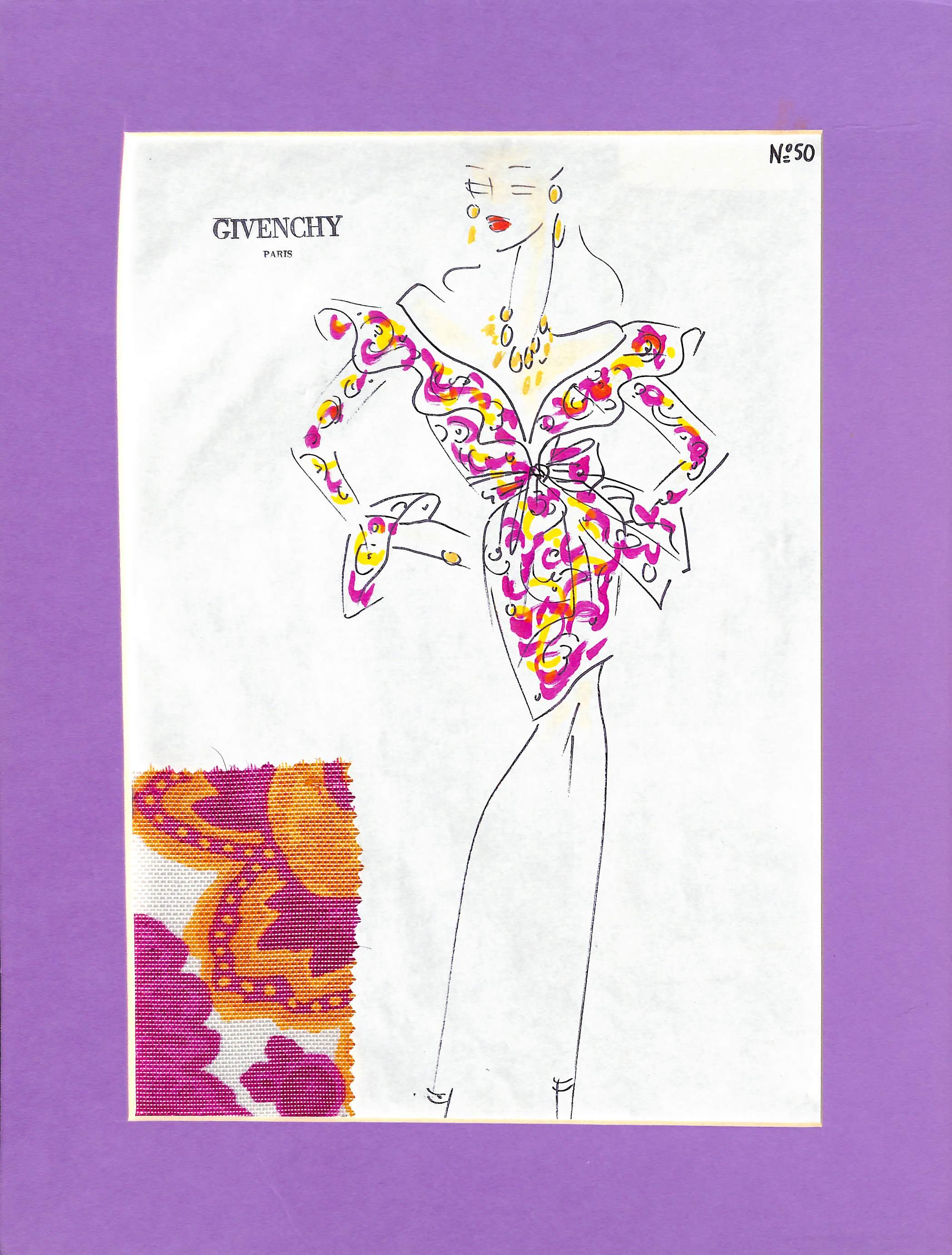 "Givenchy Paris No 50 Hand-Colored Fashion Plate w/ Couture Fabric Swatch" - Art by Givenchy (atelier)