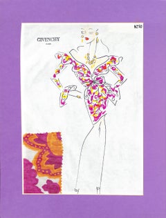 Vintage "Givenchy Paris No 50 Hand-Colored Fashion Plate w/ Couture Fabric Swatch"