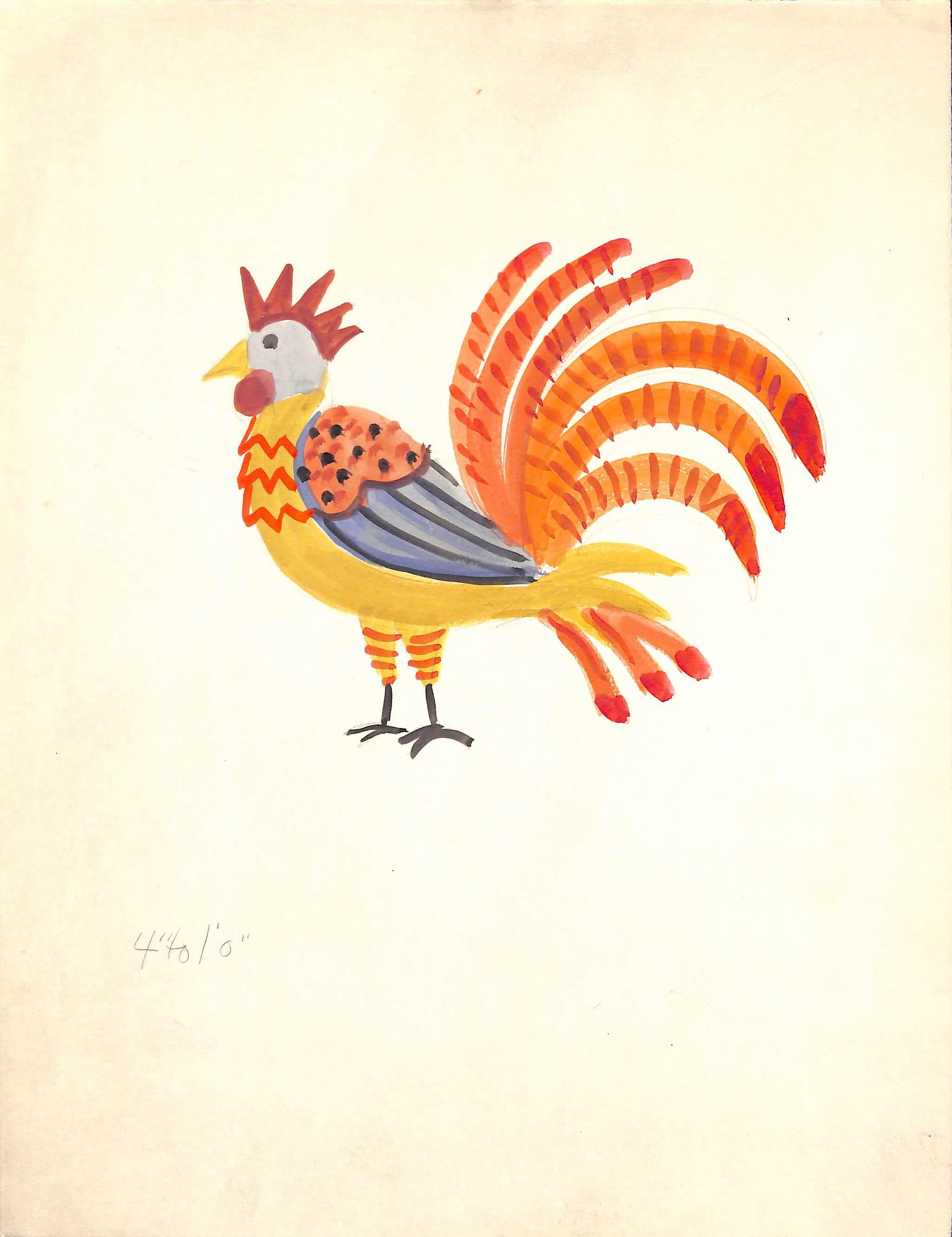 Festive Bird w/ Plumage Watercolor - Art by Unknown