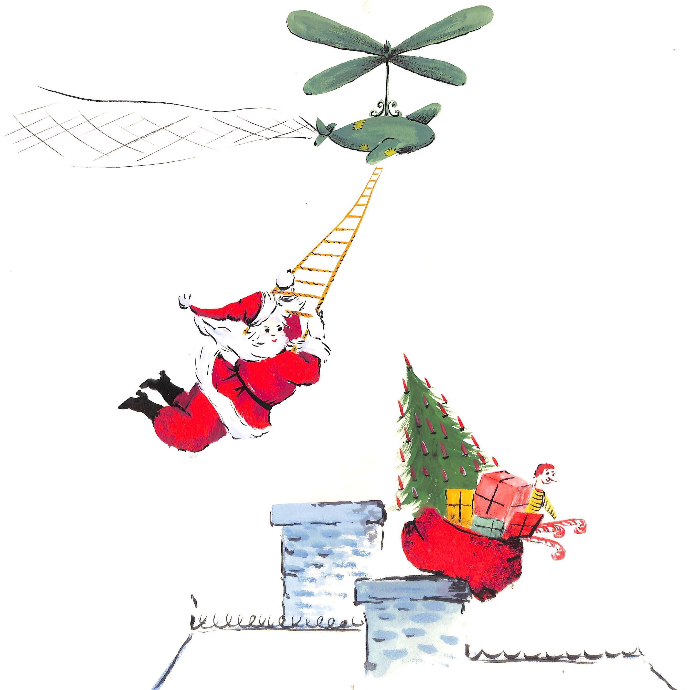 "Lanvin Paris Santa Delivering Presents From Helicopter c1950s Artwork"