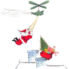 "Lanvin Paris Santa Delivering Presents From Helicopter c1950s Artwork"