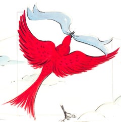 "Lanvin Paris Red Dove w/ Blue Ribbon c1950s Artwork"