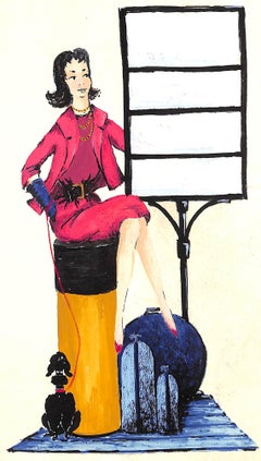 "Lanvin Paris Perfume w/ Chic Lady & Poodle c1950s Advertising Artwork"