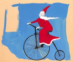 "Lanvin Paris x Santa Riding Bicycle c1950s Advertising Artwork"