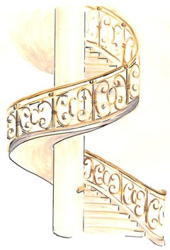 "Lanvin Paris Atelier Spiral Staircase c1950s Watercolor Artwork"