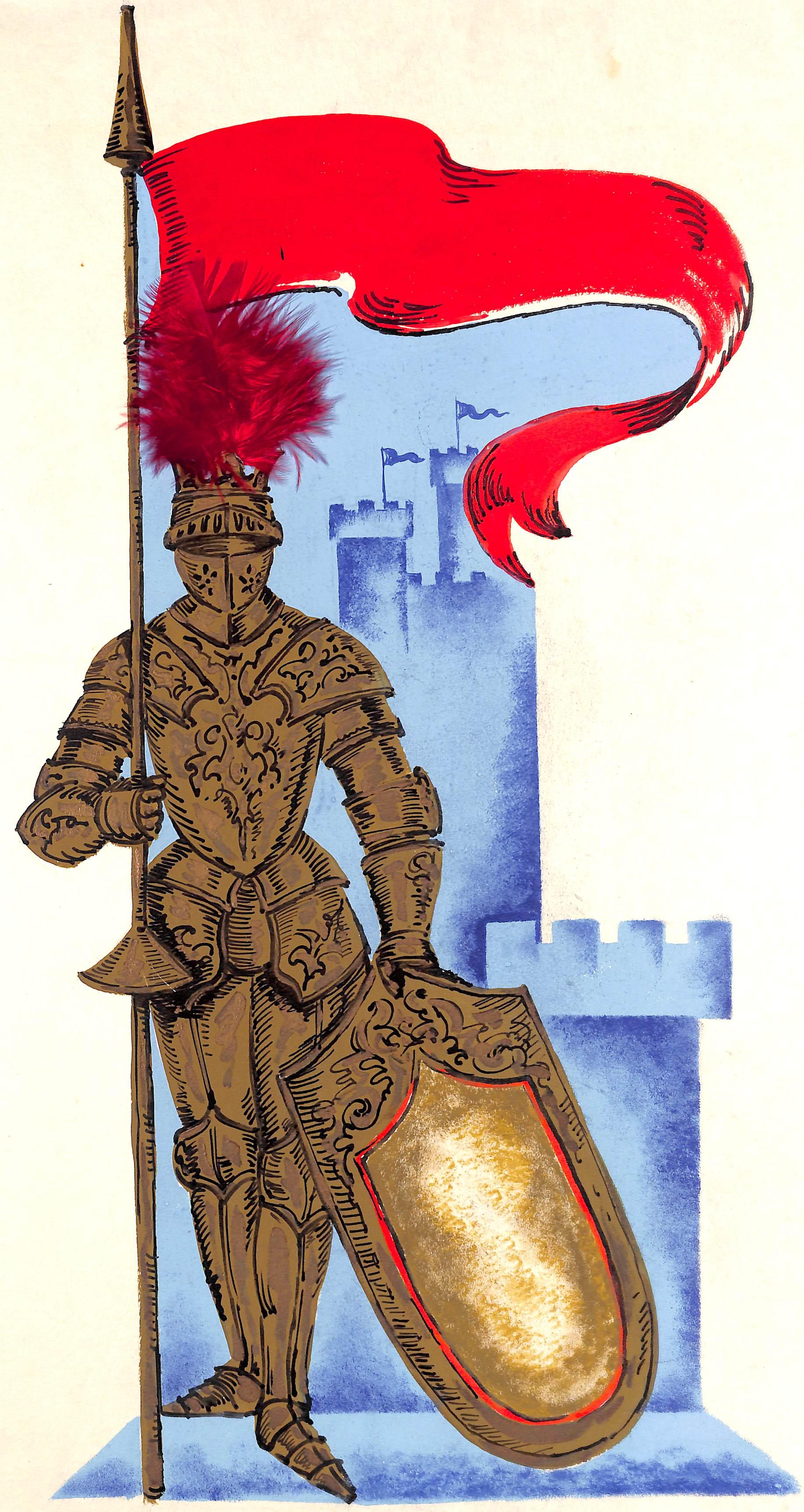 „Lanvin Paris Knight In Armor, Werbe-Aquarell-Kunstwerk, ca. 1950er Jahre – Art von Alexander Warren Montel