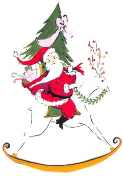 "Lanvin Paris w/ Santa Riding Reindeer Sleigh c1950s Artwork"