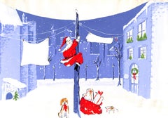 Vintage "Lanvin Paris Santa Climbing Pole w/ Dog c1950s Artwork"