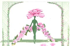 Vintage "Lanvin Paris Pink/ Green Floral Lady Two-Sided c1950s Artwork"