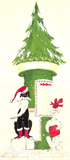 "Lanvin Paris Christmas w/ Santa's Poodles c1950s Artwork"