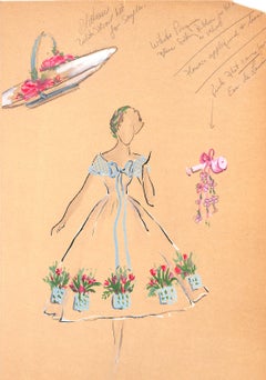 "Lanvin Paris mit Dame modelliert Blumenstrauß Kleid c1950s Kunstwerk"