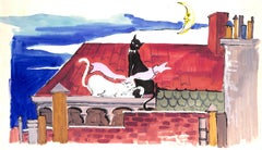 Vintage Lanvin Paris Black & White Felines On Rooftop c1950s Advertising Artwork