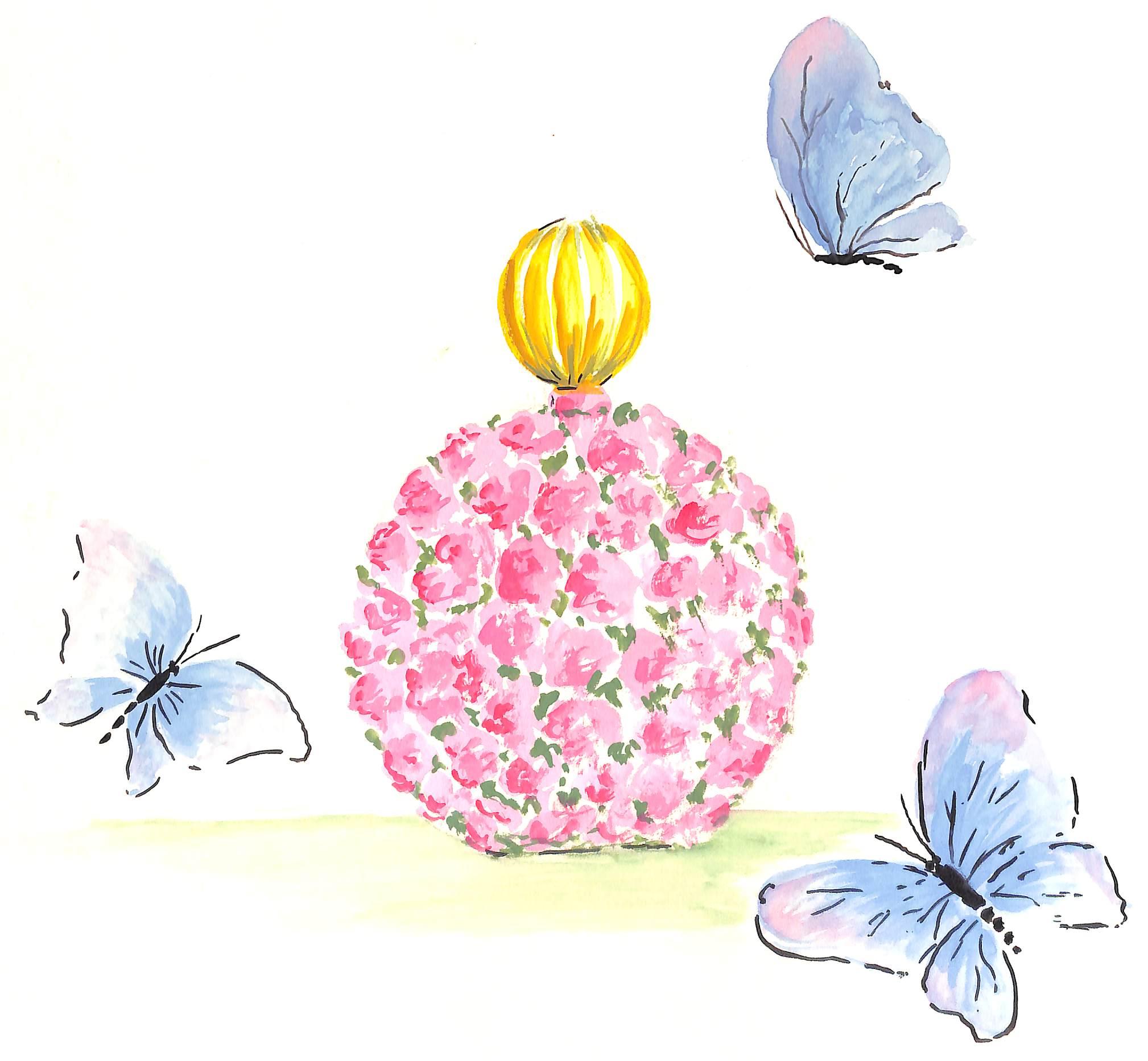 "Lanvin Paris Bouteille de parfum florale avec papillons tournant vers un bouquet rose" - Art de Alexander Warren Montel