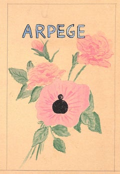 „Lanvin Paris Arpege Parfüm mit rosa Blume, 1950er Jahre, Kunstwerk