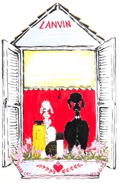 "Parfum Lanvin Paris avec caniche noir et blanc sur rebord de fenêtre c1950s Artwork"