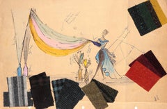 "Lanvin Paris Model w/ Sash & Tweed Swatches c1950s Artwork"