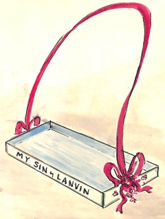 "Lanvin Paris My Sin Perfume Tray w/ Ribbon c1950s Advertising Artwork"