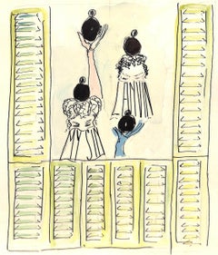 "Lanvin Paris 4 Black Perfume Bottles w/ Lime Green Shutters c1950s Artwork"