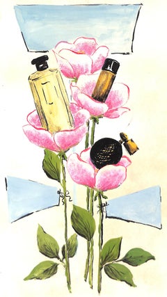 „Lanvin Paris Parfümflaschen auf Rosenknospen, Aquarell-Kunstwerk, 1950er Jahre