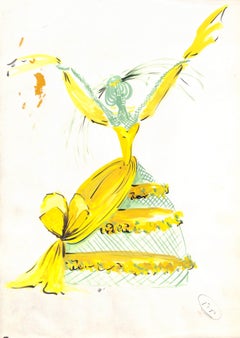 „Lanvin Paris Grüne Dame mit gelbem Kleid, Aquarellkunstwerk, 1950er Jahre“