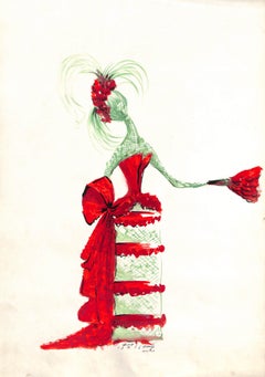 „Lanvin Paris Grüne Dame mit rotem Schärpe Kleid ca. 1950er Jahre Mode-Kunstwerk