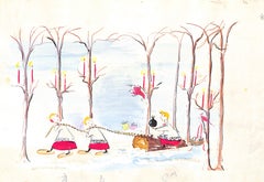 "Lanvin Paris Santa's 3 Helpers w/ Yule Log c1950s Watercolor Artwork"