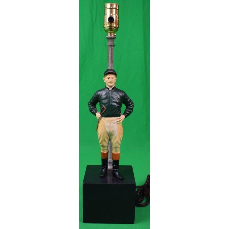 Custom "21" Club Jockey Lamp w/ Hand-Painted Hunter Green Silks & Black Cap - Art by Unknown