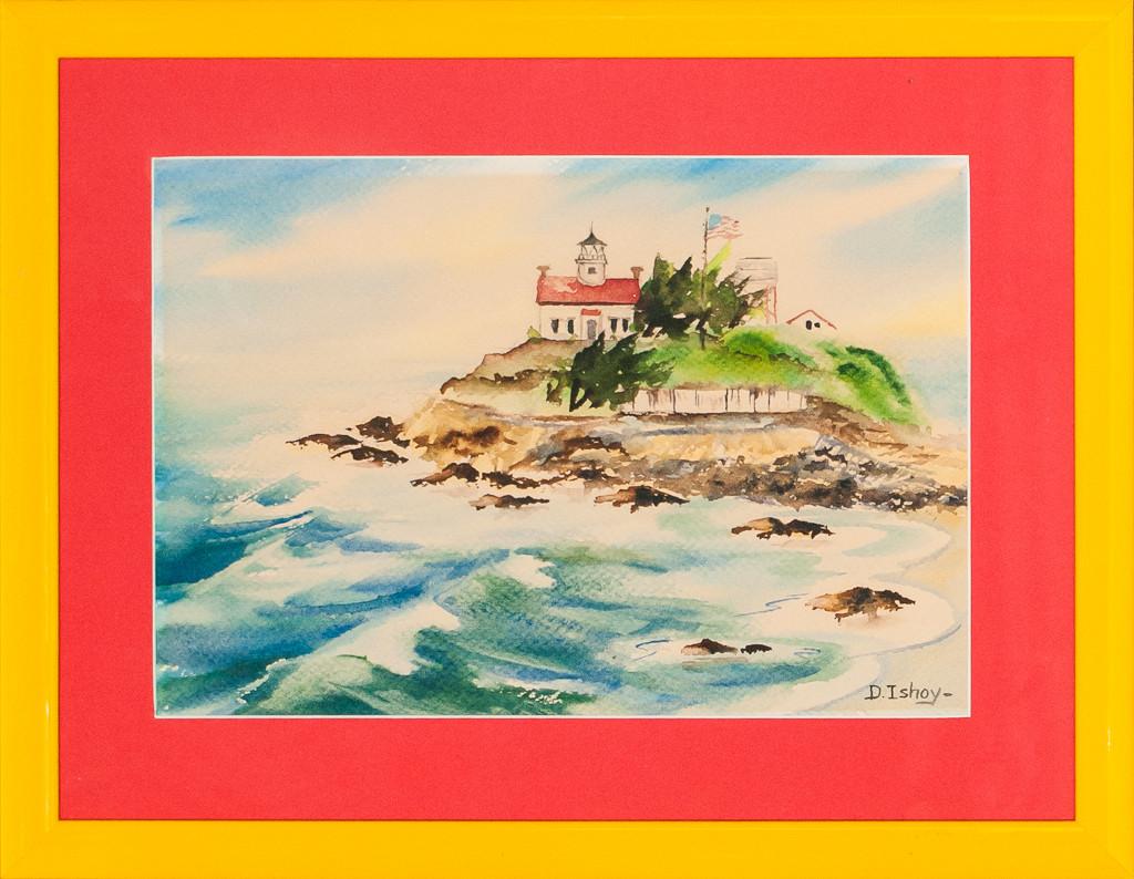 Classic watercolor of an island lighthouse 

Signed: D. Ishoy (LR)

Art Sz: 8 1/2"H x 12 1/2"W

Frame Sz: 14"H x 18"W
