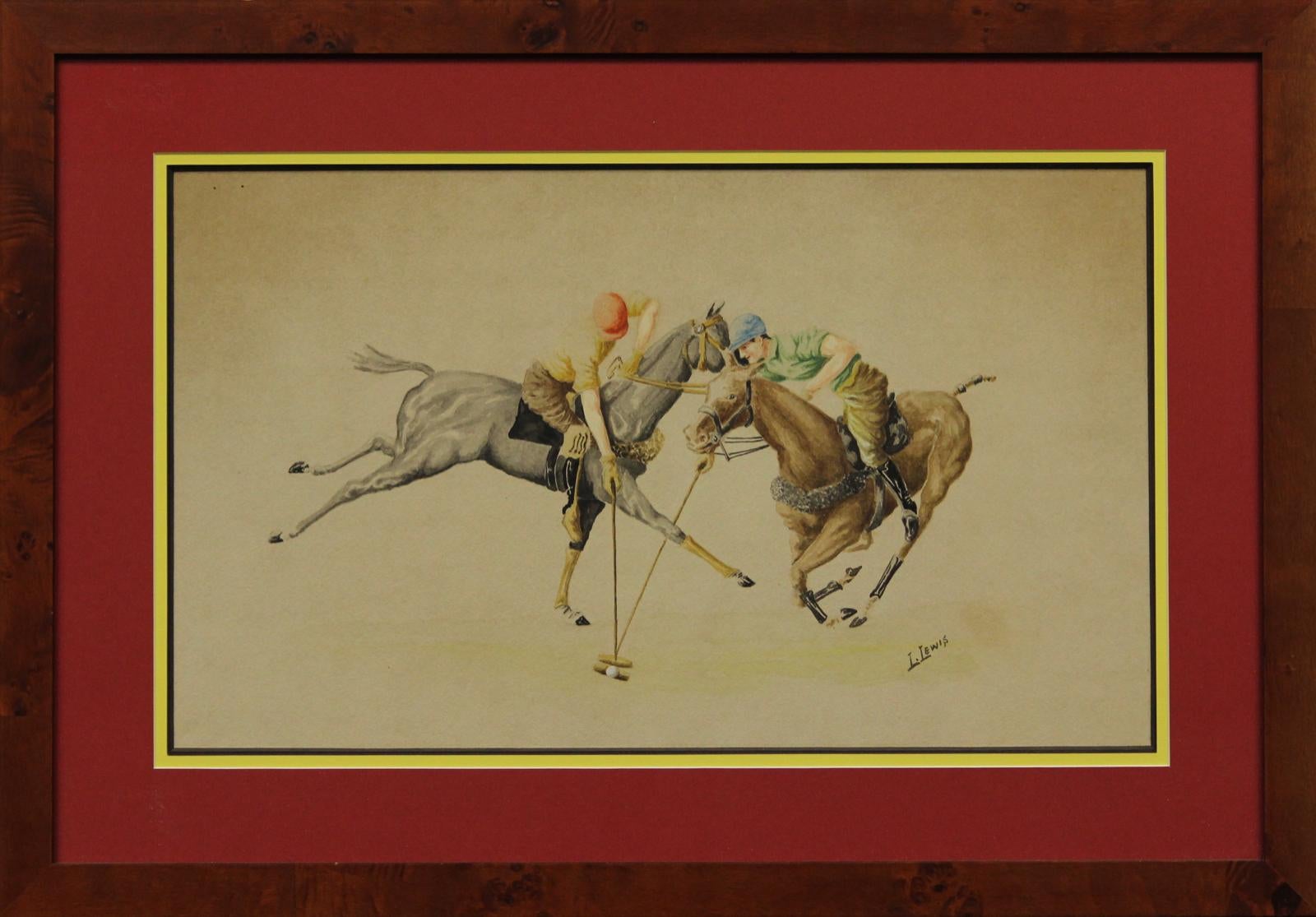 Two Charging Polo Players c1940s Watercolour by L. Lewis