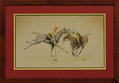 Two Charging Polo Players c1940s Watercolour by L. Lewis