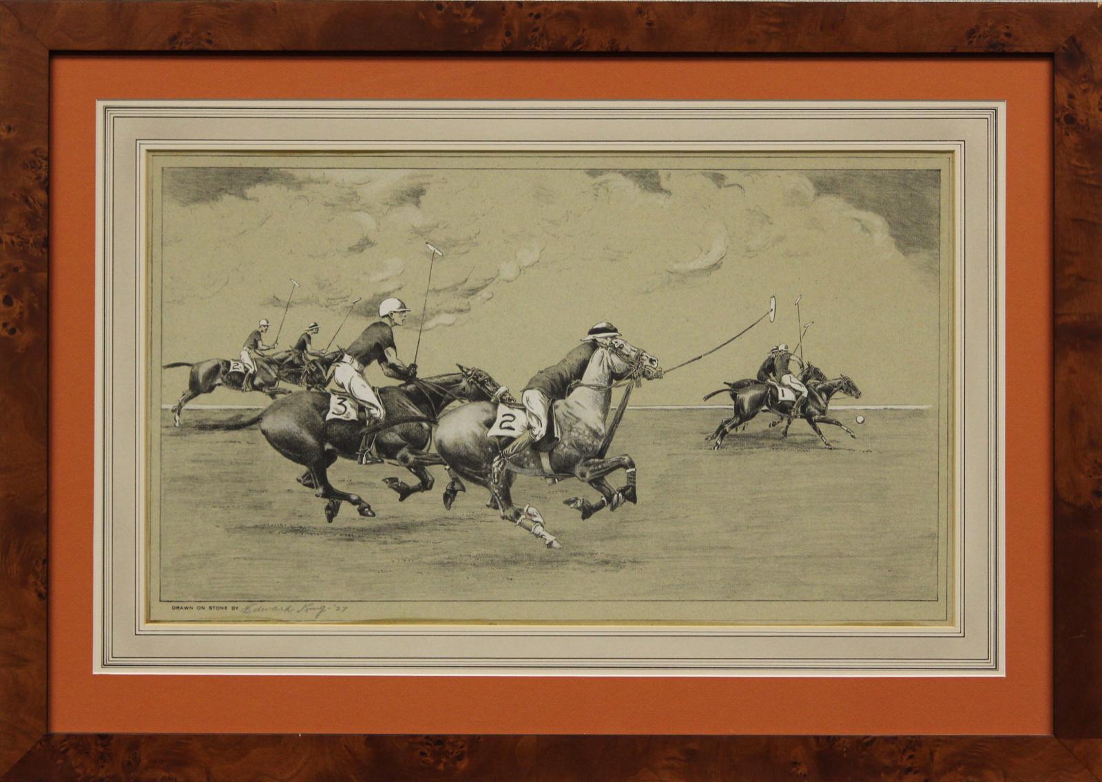 Clásica escena de polo dibujada en piedra con seis ponis en el campo dibujada en piedra y firmada por Edward King (LL)

Tamaño de la impresión: 10 3/4 "H x 18 1/2 "W

Tamaño del marco: 18 "A x 25 3/8 "A