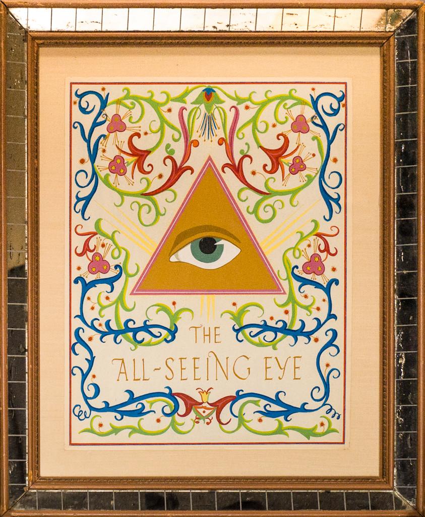 "The All-Seeing Eye" Watercolor & Gouache w/ Beveled Mirror Frame - Art by Unknown