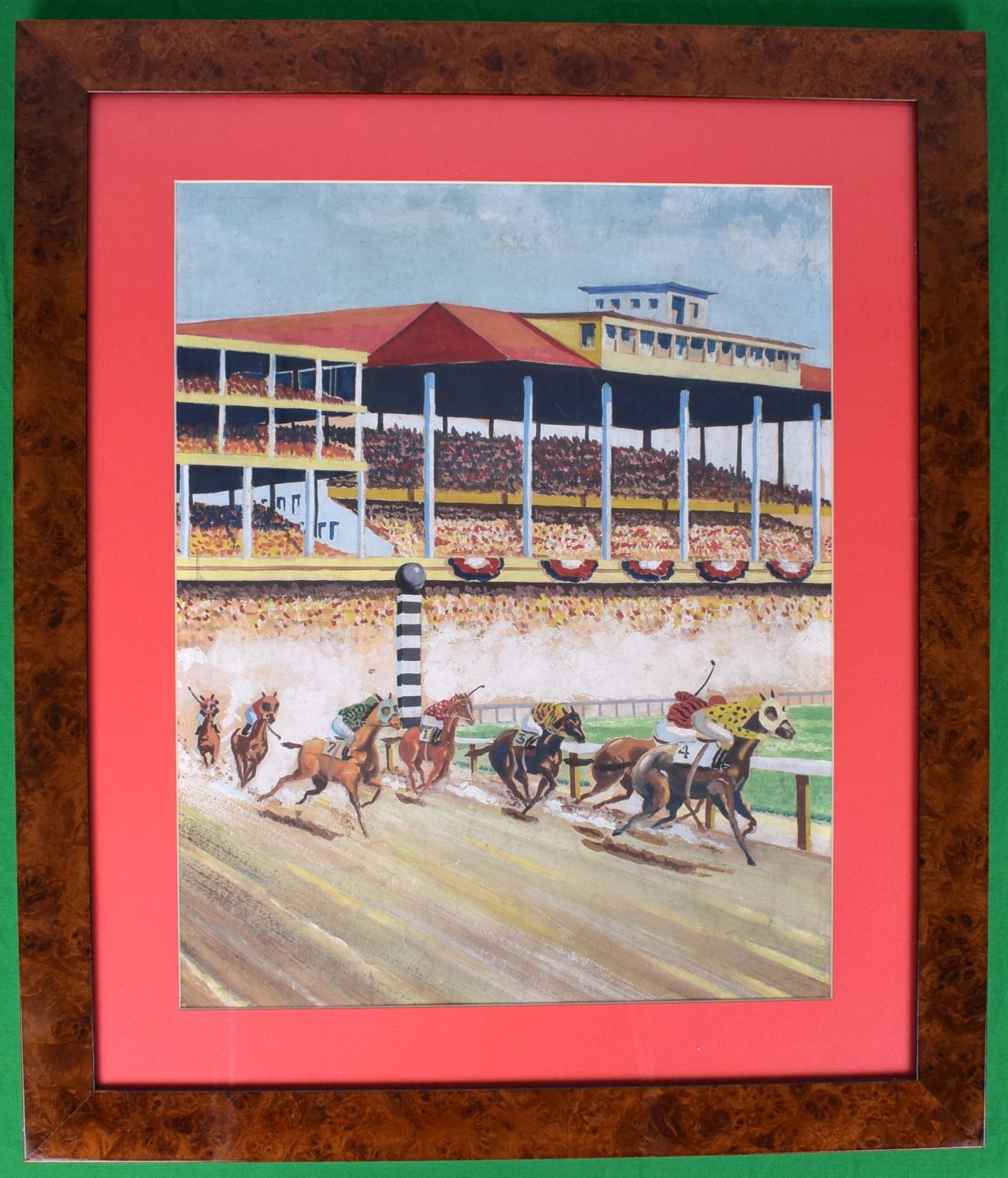 „Horse Race Field of Seven Rounding The Turn“ Aquarell – Art von Unknown