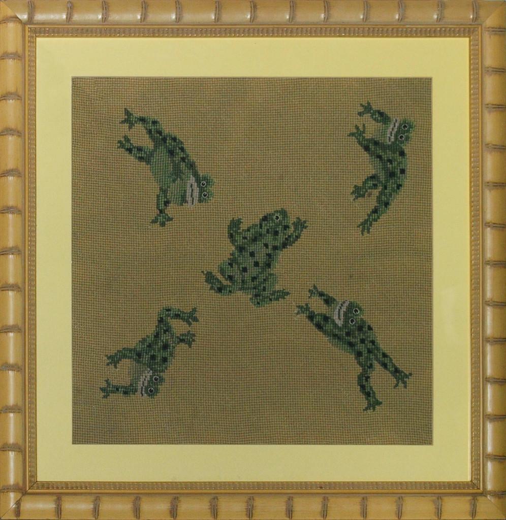 "Five Leaping Frogs" Hand-Needlepoint Framed Panel - Art by Unknown