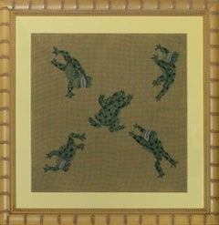 Vintage "Five Leaping Frogs" Hand-Needlepoint Framed Panel