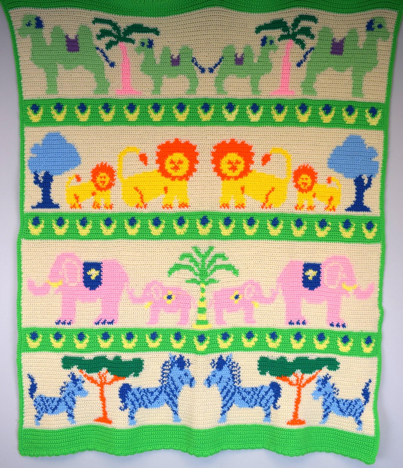 Hand-Crochet 4-Panel Blanket/ Tapestry w/ a Tropical Parade of Exotic Animals - Art by Unknown