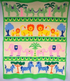 Used Hand-Crochet 4-Panel Blanket/ Tapestry w/ a Tropical Parade of Exotic Animals