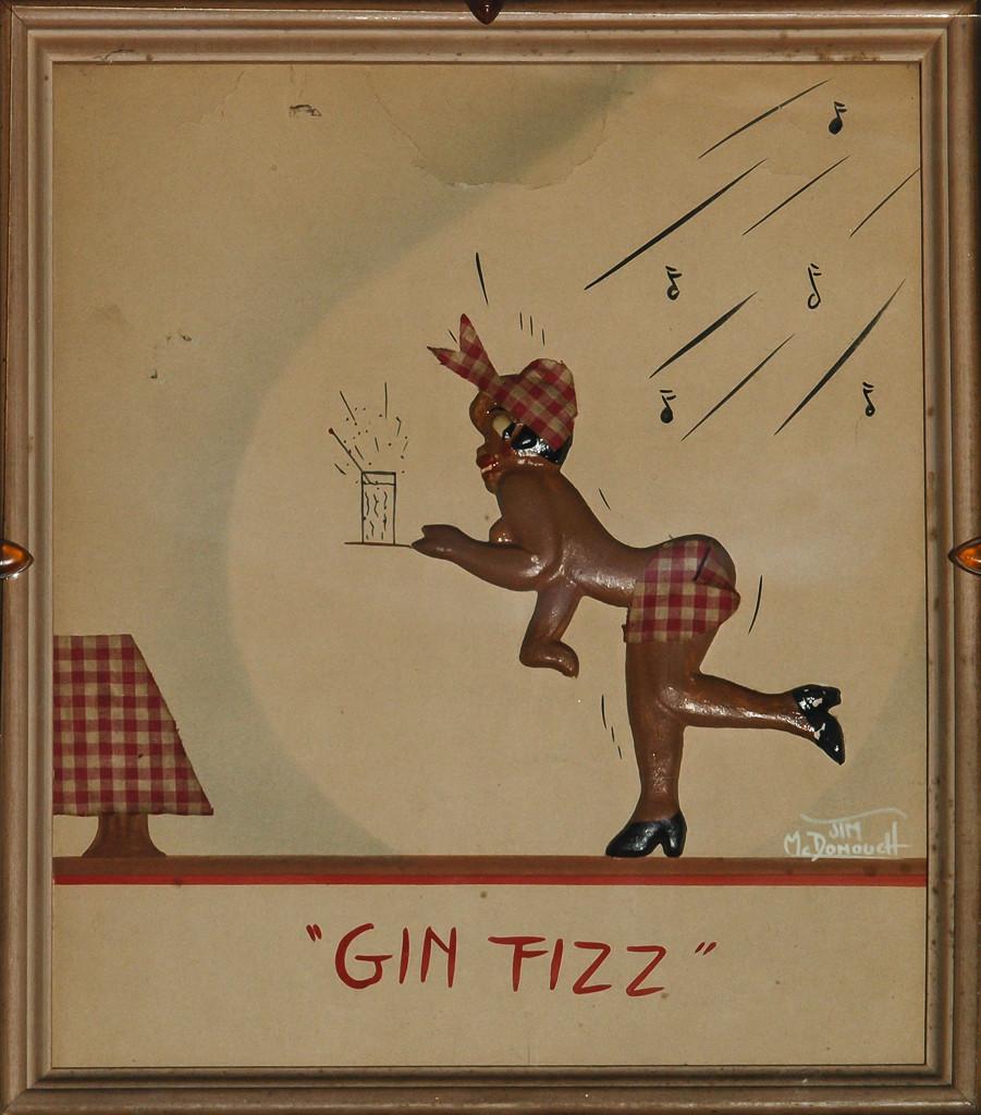 Cocktail-Kunstwerk, das eine afroamerikanische Kellnerin zeigt, die in einem Nachtclub einen "Gin Fizz" serviert

c1930s 

Kunst Sz: 14 "H x 12 "W

Rahmengröße: 15 3/4 "H x 13 3/4 "W
in einem Schattenbox-Rahmen mit Bakelit-Knopfverschlüssen