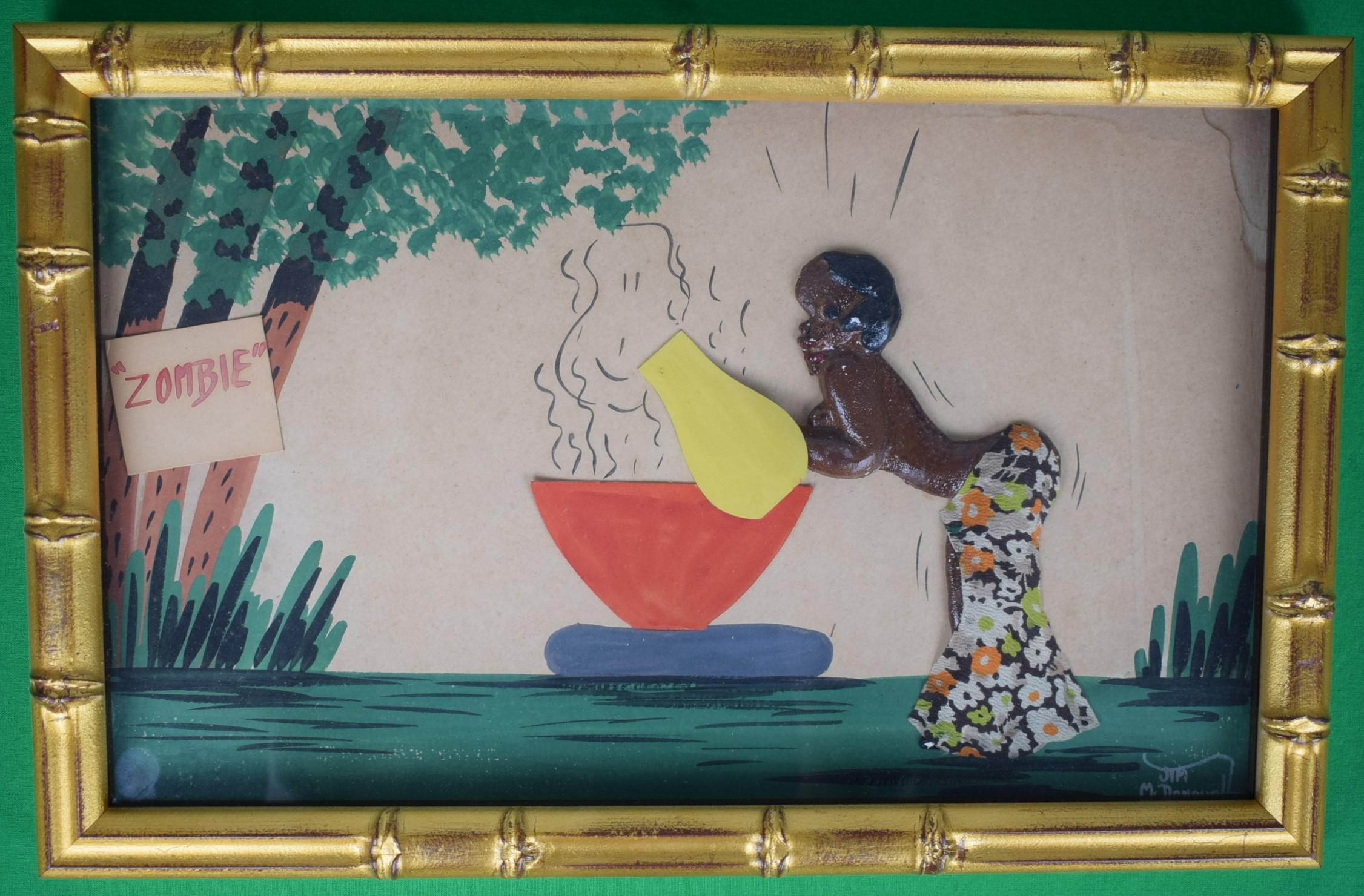 c1930s gouache shadowbox depicting a voodoo kettle brewer concocting a Zombie cocktail signed Jim McDonough (LR) in a gilt bamboo frame

Art Sz: 9 1/8"H x 15 1/4"W

Frame Sz: 11 1/8"H x 17 1/8"W