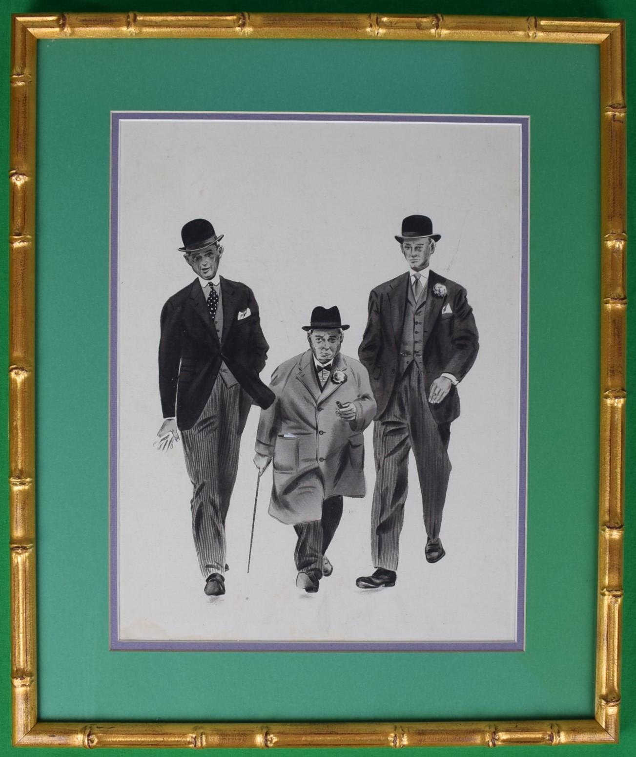Three Gents Strolling Pen & Ink Drawing - Art by Unknown