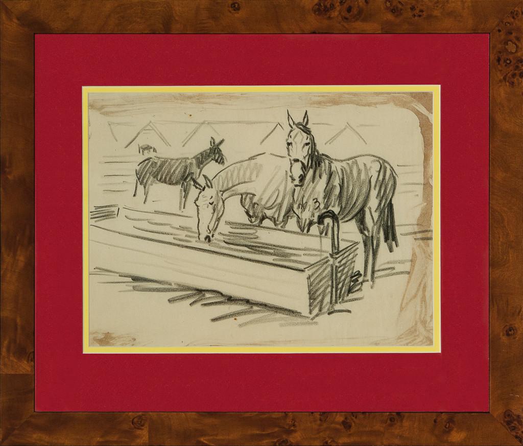 Charcoal drawing: Horses at Trough

Art Sz: 8 1/2"H x 11 1/2"W

Frame Sz: 15"H x 17 1/2"W