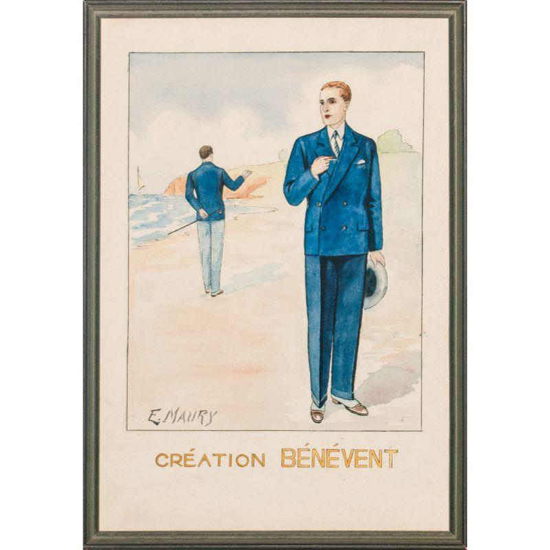 Stylish watercolour by E. Maury signed (LL) featuring two c1930s dapper gents strolling on the beach in smart French blue attire

Art Sz: 17 1/2"H x 11 3/4"W

Frame Sz: 18 1/2"H x 13"W

w/ silver gilt frame