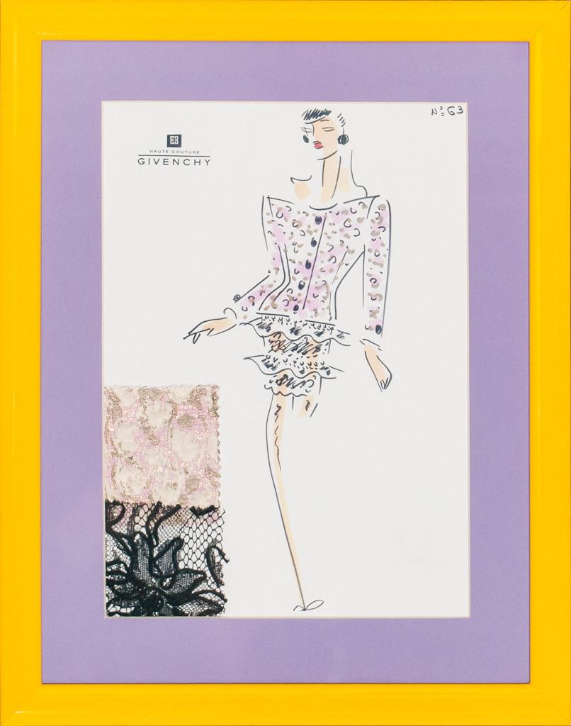 Givenchy Haute couture fashion plate for New York society client, Nan Kempner (1930-2005)

Art Sz: 12"H x 8"W

Frame Sz: 17"H x 13"W

w/ lavender mat & yellow lacquer frame