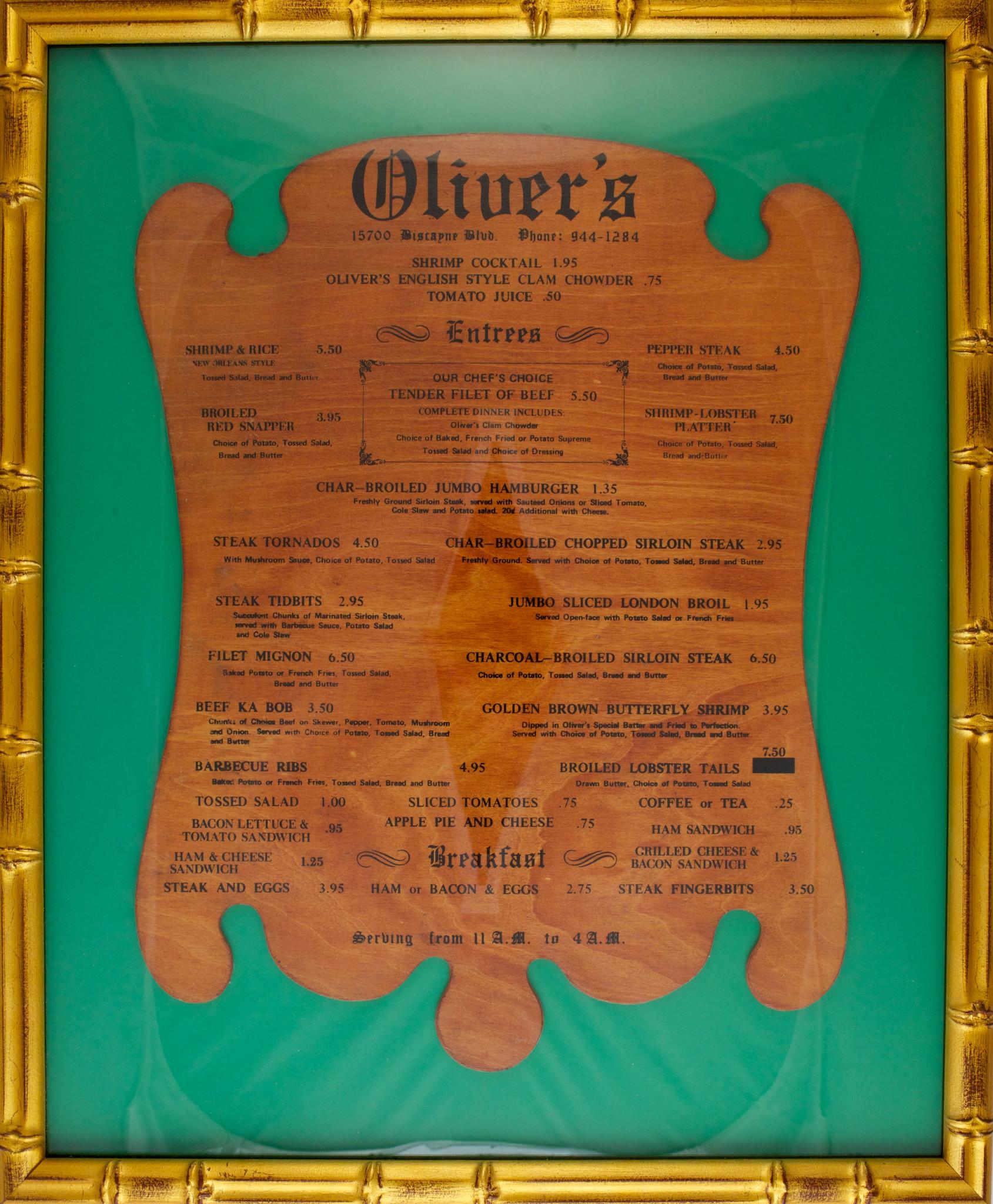 "Oliver's Miami Beach Menu Board" - Art by Unknown