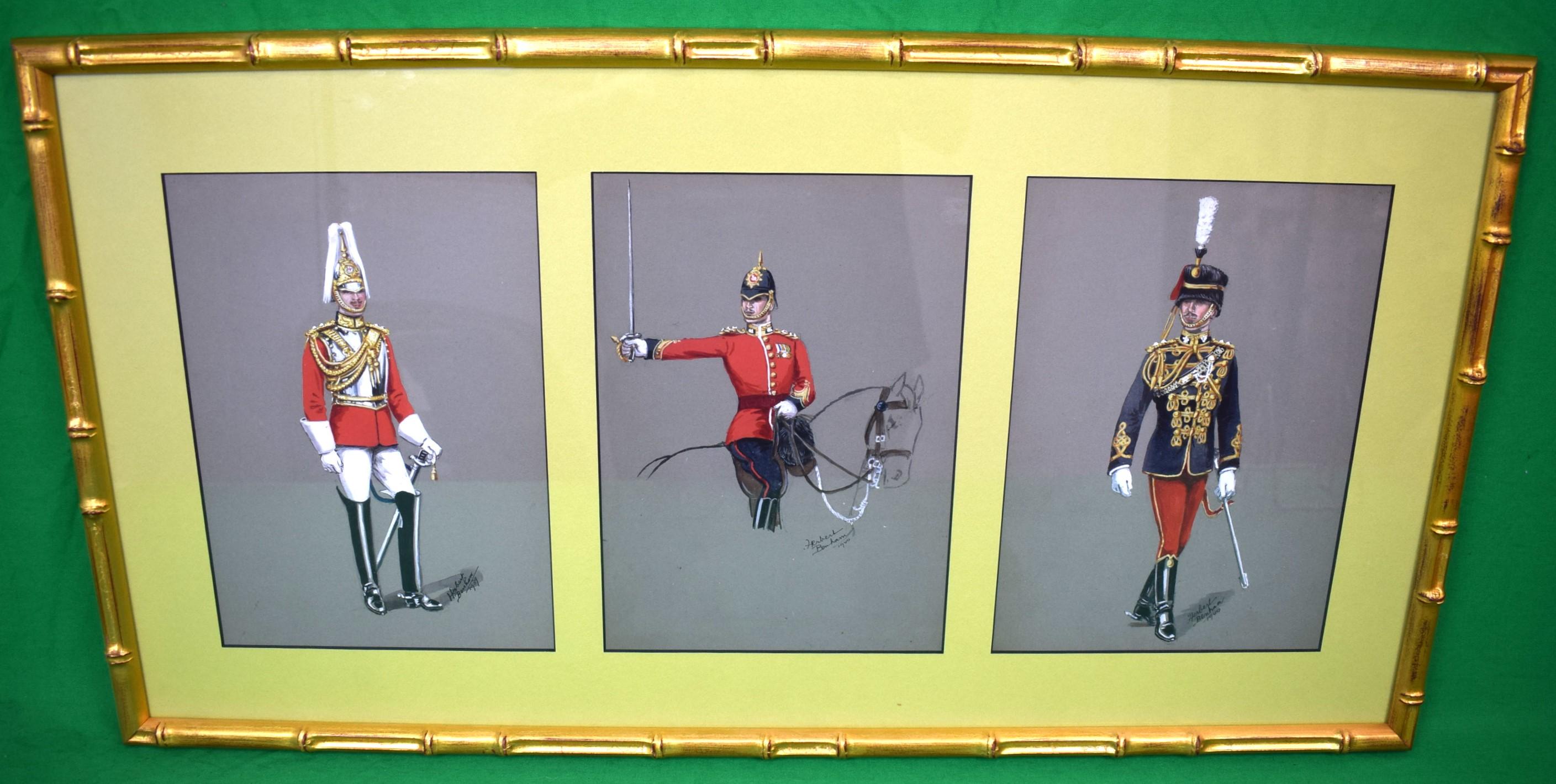Classic set of three military gouaches depicting British guardsmen officers by Herbert Benham 1939/ 40

Art Sz: 9 3/4"H x 7"W 

Frame Sz: 14 5/8"H x 27 7/8"W