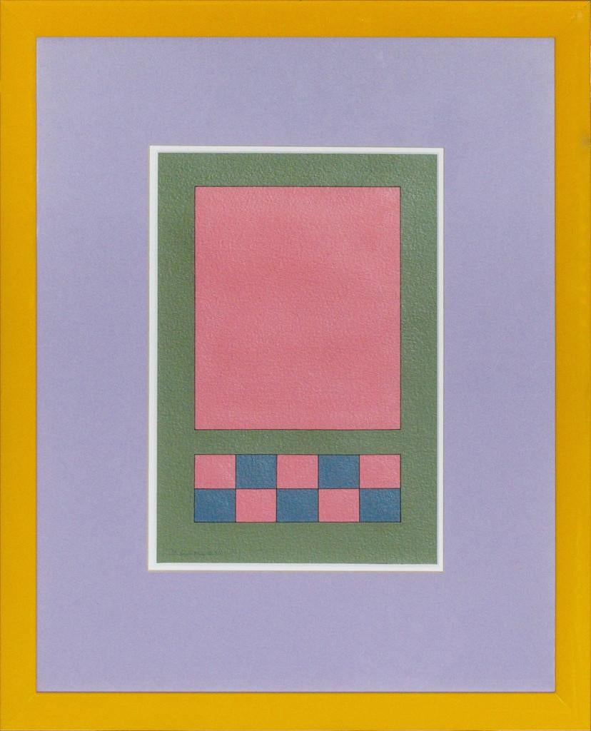 Colorful geometric watercolor by noted York, Maine artist Fairfield Gordon Coogan (pencil signed & dated '95 LL) in lovely shades of coral/ olive & slate blue

Art Sz: 10"H x 7"W

Frame Sz: 17 3/4"H x 14 1/2"W