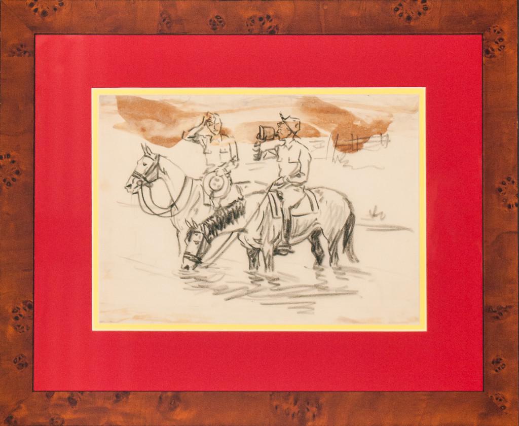 Bleistiftzeichnung „Two Cavalry Officers“ von Paul Brown – Art von Paul Desmond Brown