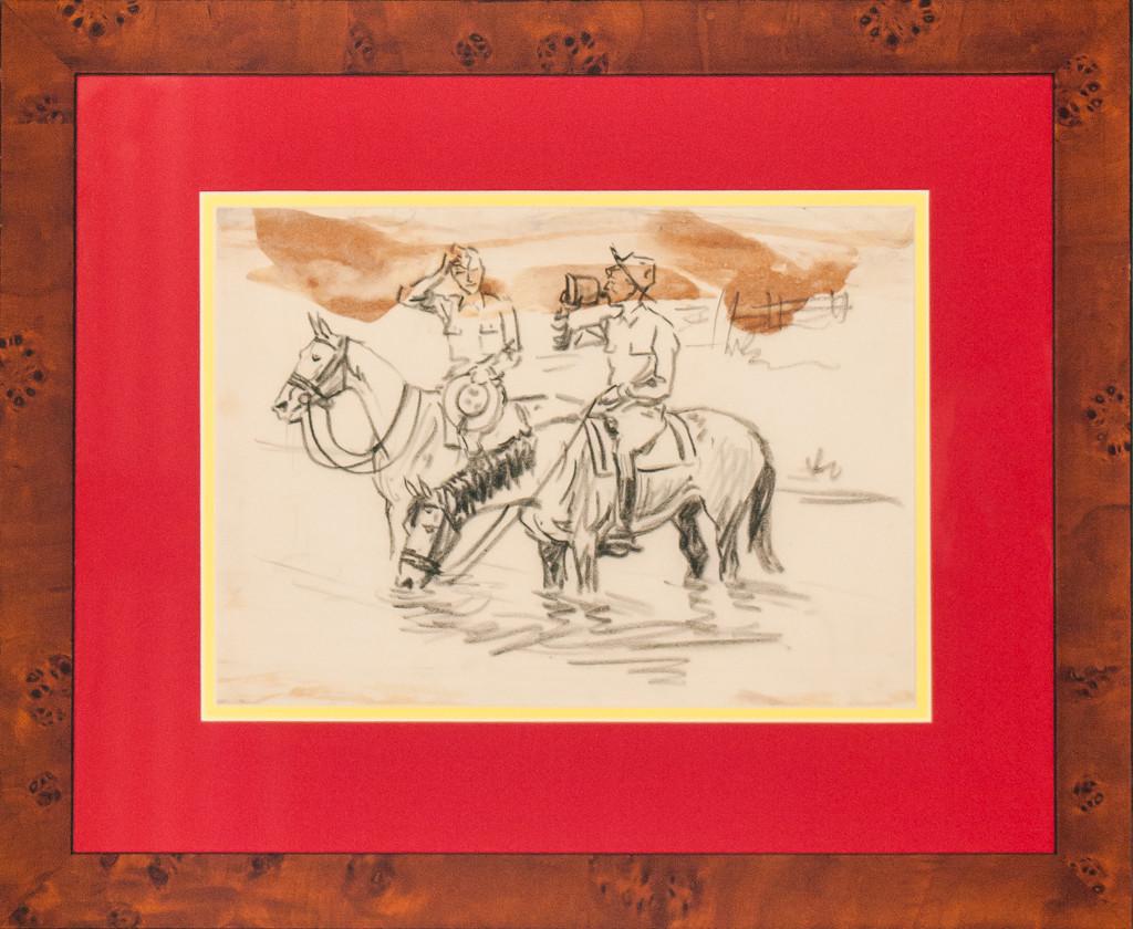 "Dos oficiales de caballería" Dibujo a lápiz de Paul Brown